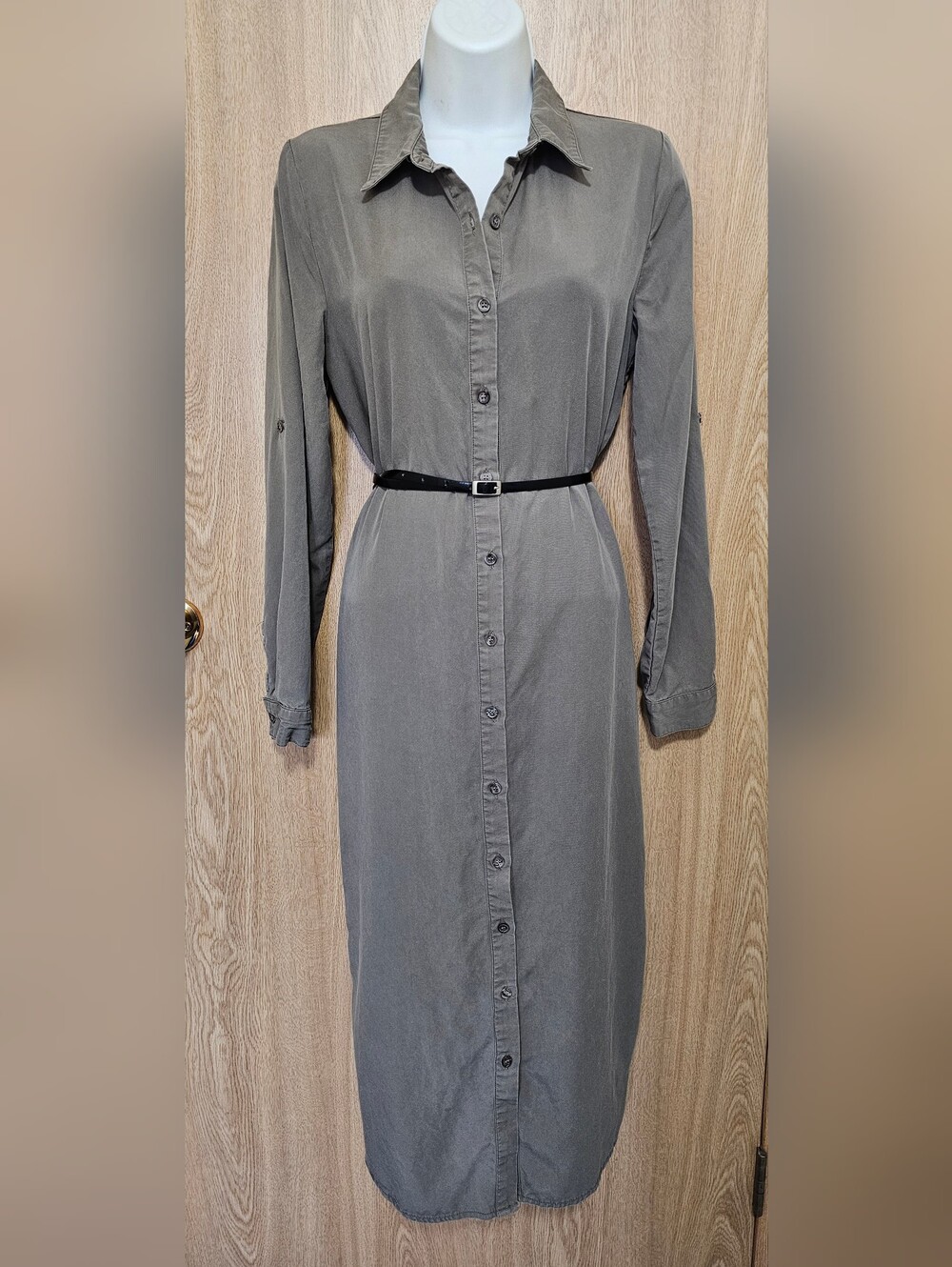 Everly Anthropologie 100% Tencel Long Shirt Dress Jacket  Taupe Khaki Size Small